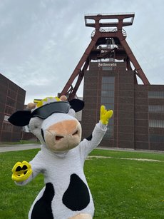 Das NRW Milchmaskottchen Kuh Lotte vor dem Förderturm der Zeche Zollverein
